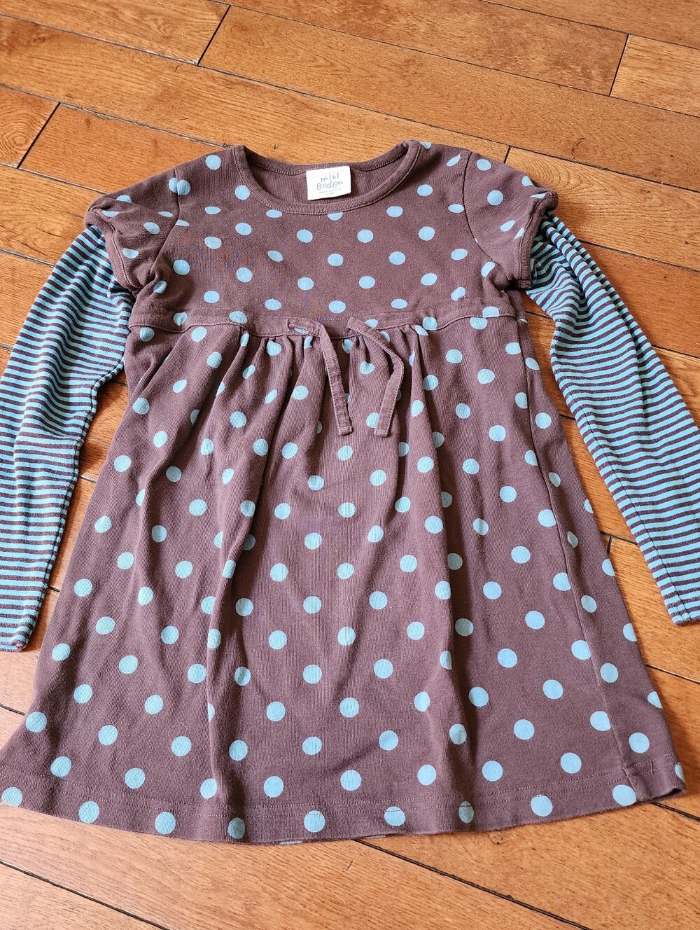 Mini Boden Dress Girls 7-8Y Brown Blue Polka Dot Long Sleeve Layered Look Casual